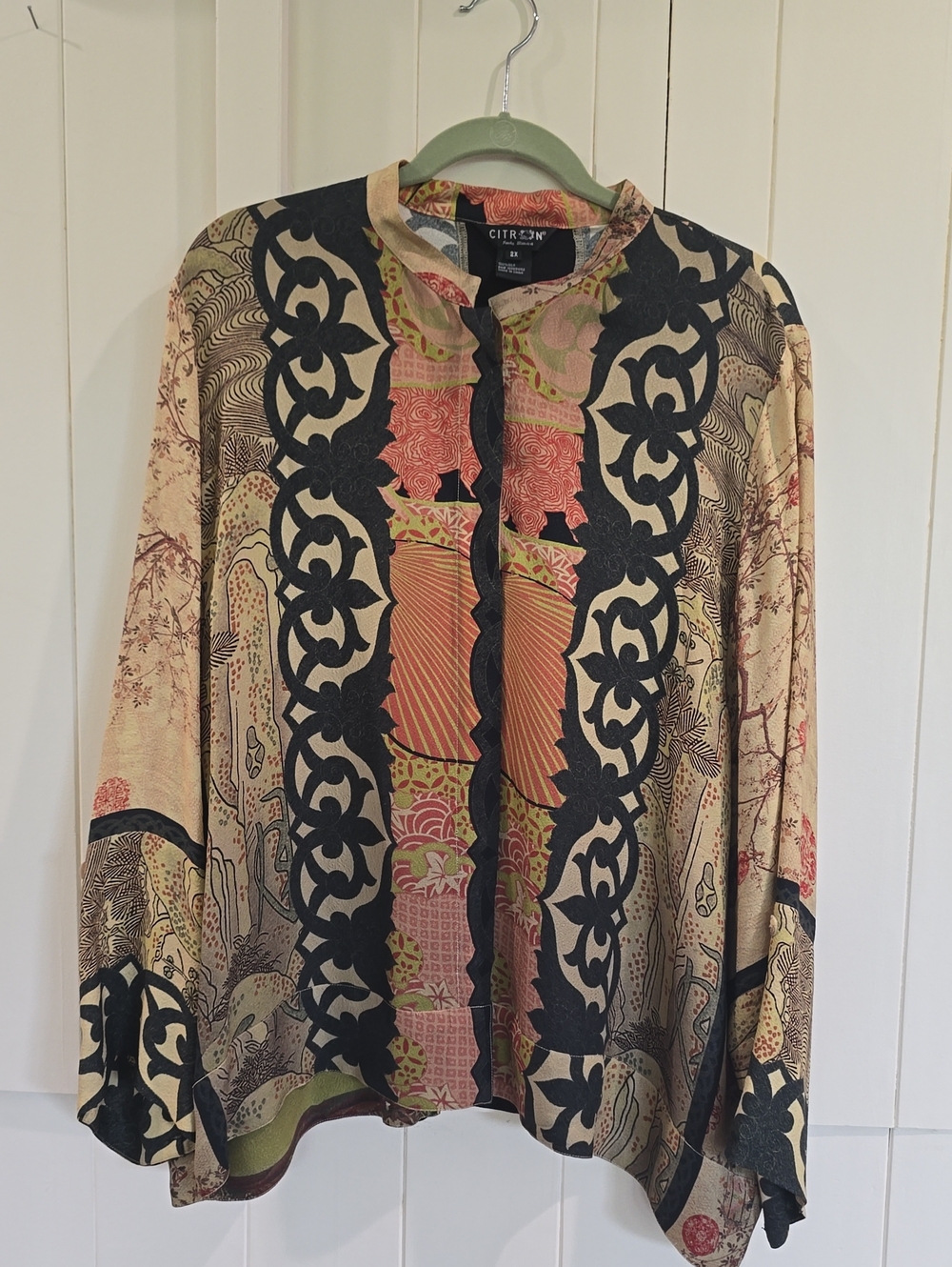 Citron Mixed-Print Button-Front Blouse in Beige, Black, Coral & Olive
